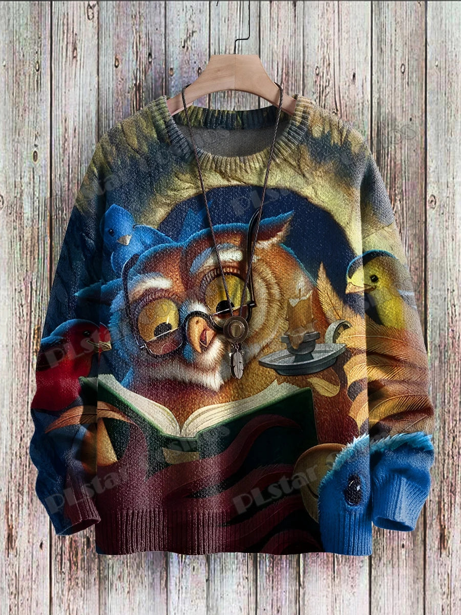 Owl Art Pattern 3D Printed Men's Knitted Pullover Winter