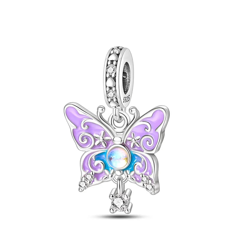 925 Silver Color Gem Butterfly Luminous Firefly Purple Charms Pendants Fit 3mm 925 Original Bracelets DIY Party Jewelry Gift
