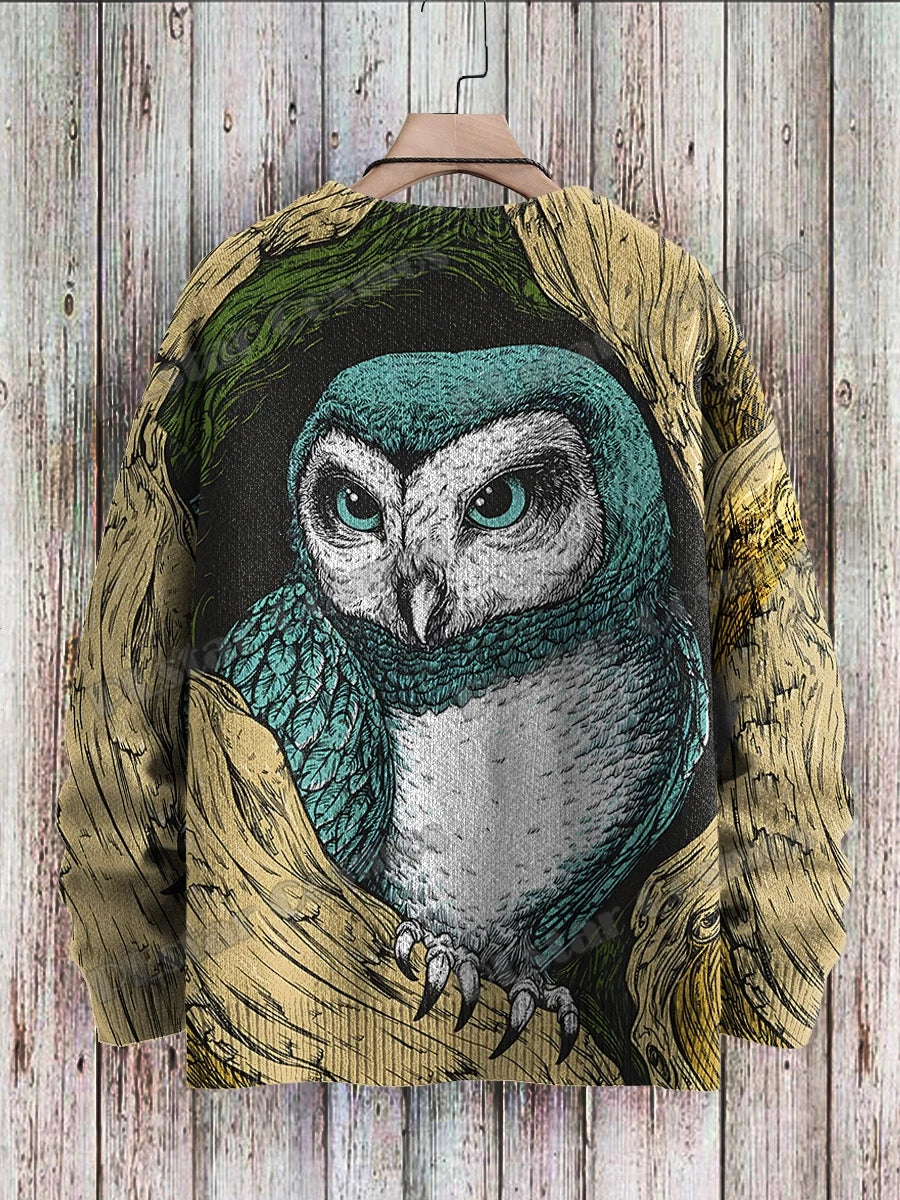 Owl Art Pattern 3D Printed Men's Knitted Pullover Winter