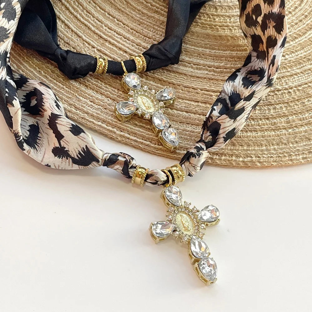 Blue Navy Pink Cross Bandana Necklace Rhinestone Cross with Virgin Mary Medallion & Fashion Adjustable Scarf Chocker