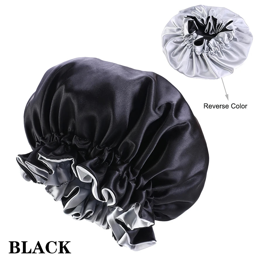 Custom Logo Women'S Satin Bonnet With Wide Stretch Ties Band Long Tail Bonnet Satin Cheveux Nuit Silk Sleeping Night Cap Bonnets