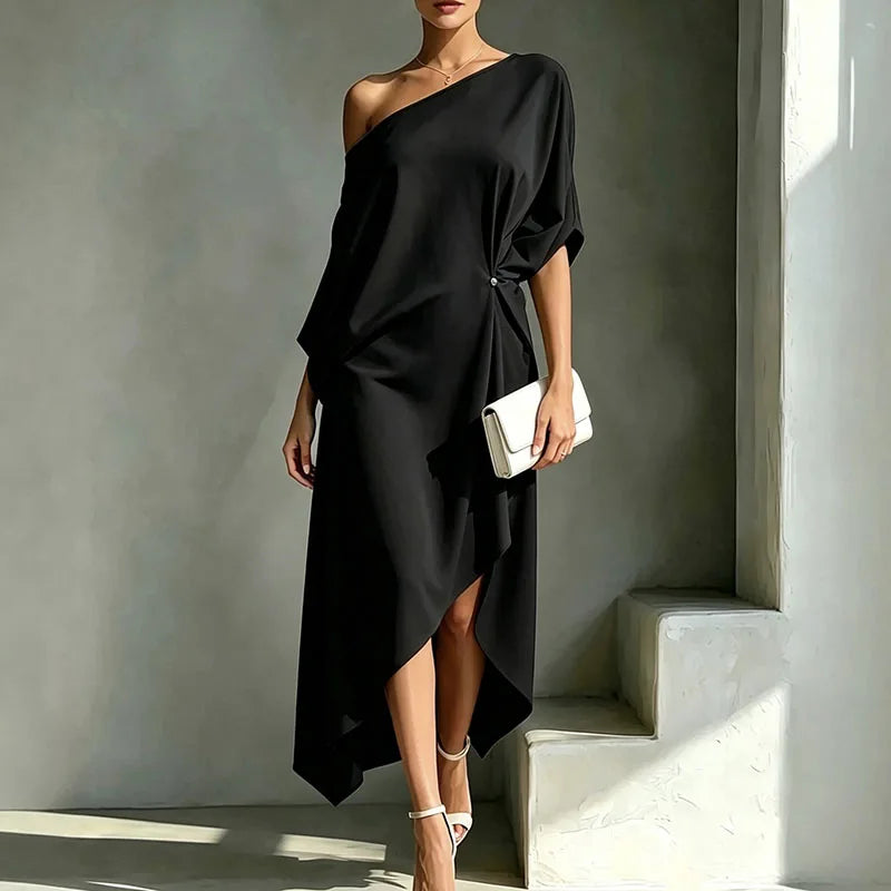 Luxury Women One Cold Shoulder Midi Dresses Loose Solid Draped Knot Waist Irregular Hem Dress Elegant Guest Holiday Formal Dress