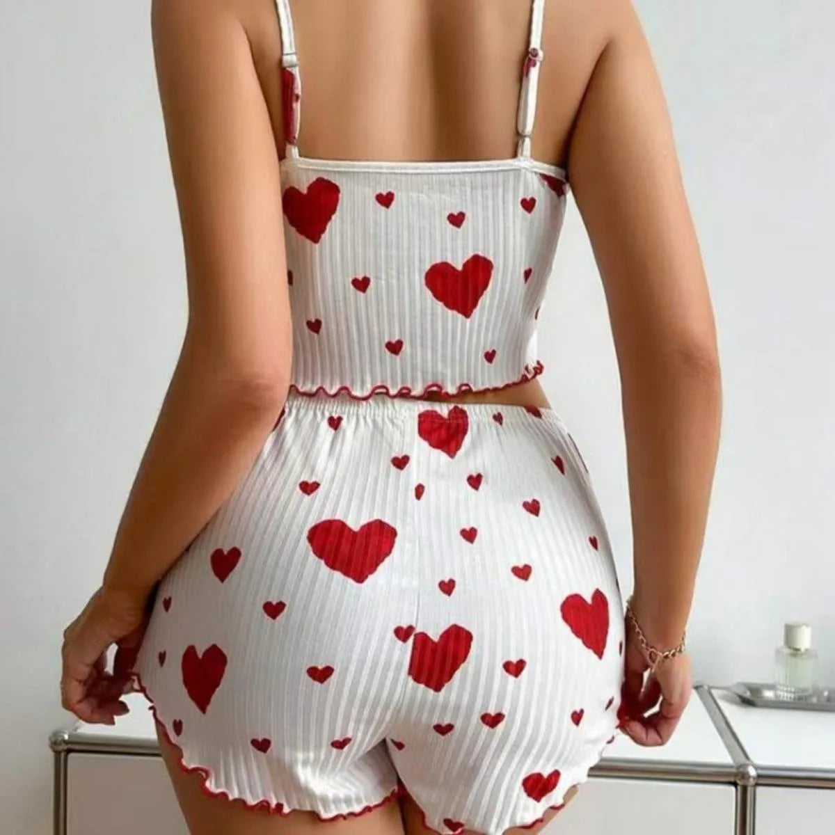 Women's Heart Print Home Clothes Suit Suspender Shorts Casual Female pajamas Lightweight Love 2PCS Sleepwear Fashion Nightwear
