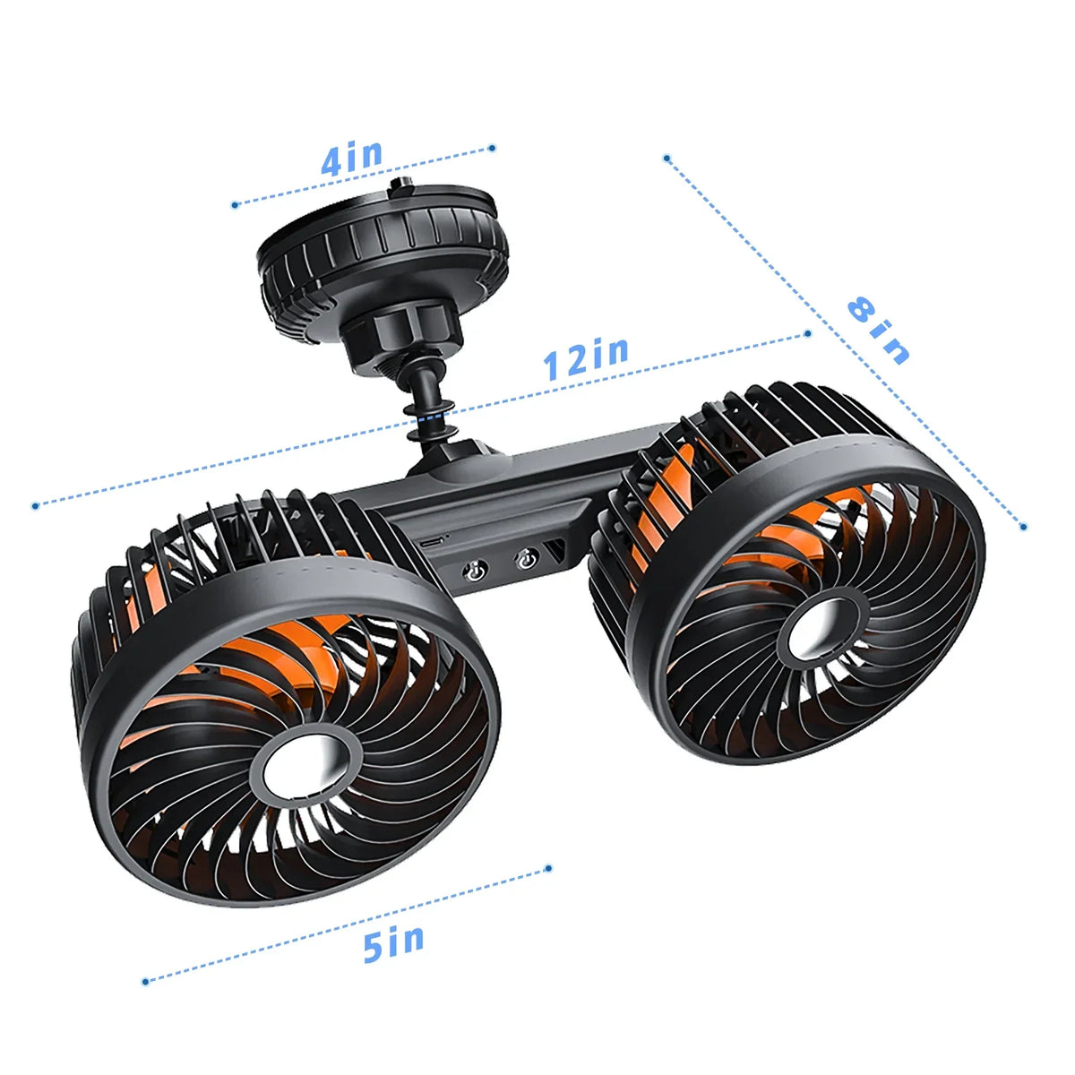 Eary Car Suction Cup Dual-Head Fan 12V/24V 360°Rotatable with 4000mAh Battery 3 Speed Wind Universal Electric for Truck Van Suv