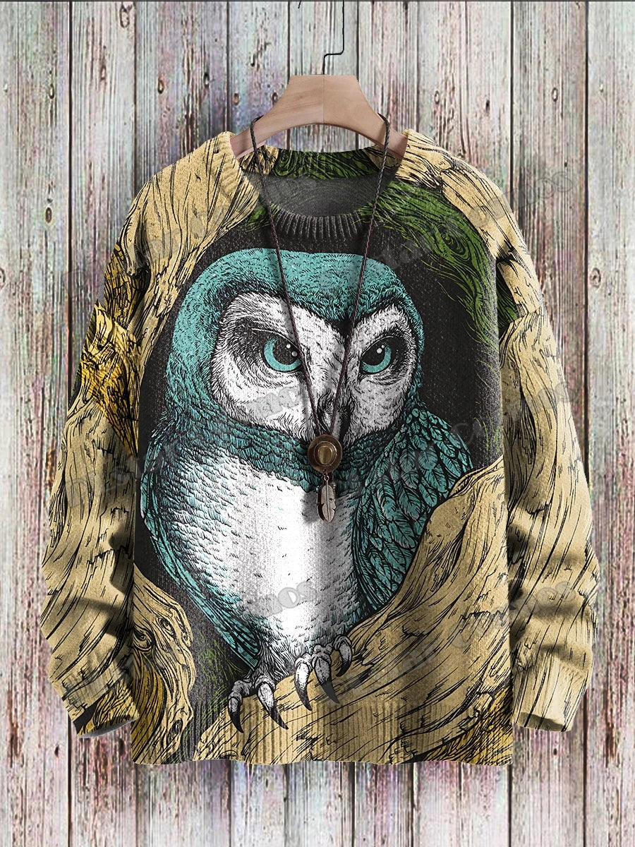 Owl Art Pattern 3D Printed Men's Knitted Pullover Winter