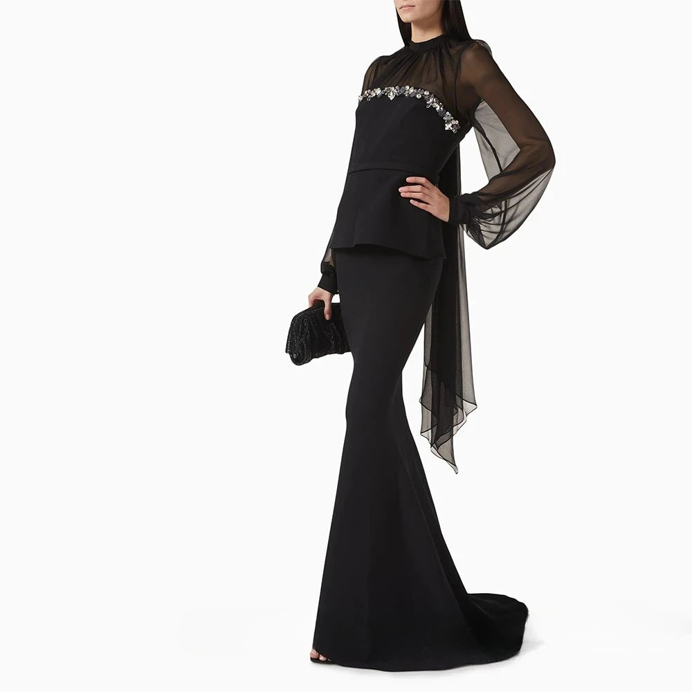 Black Evening Dress O Neck Long Sleeves Floor Length Mermaid Prom Gown Fashion Sequins Pleat Jersey Party Dress Customized