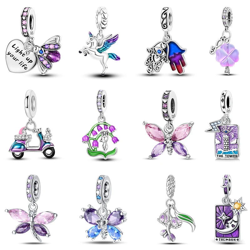 925 Silver Color Gem Butterfly Luminous Firefly Purple Charms Pendants Fit 3mm 925 Original Bracelets DIY Party Jewelry Gift