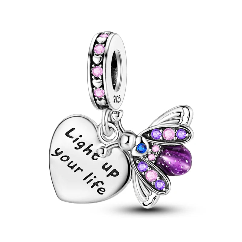 925 Silver Color Gem Butterfly Luminous Firefly Purple Charms Pendants Fit 3mm 925 Original Bracelets DIY Party Jewelry Gift