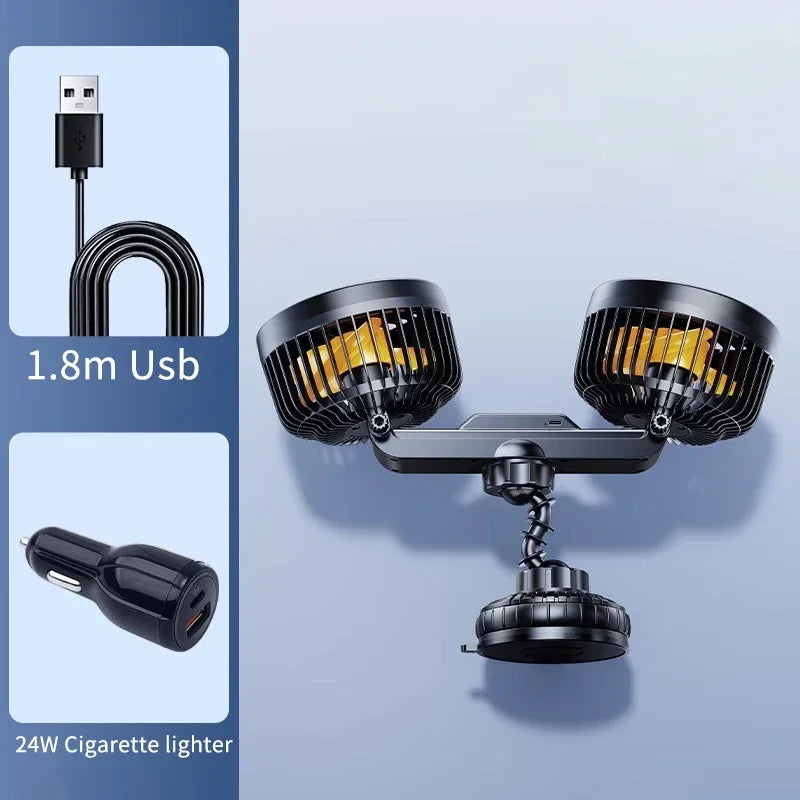 Eary Car Suction Cup Dual-Head Fan 12V/24V 360°Rotatable with 4000mAh Battery 3 Speed Wind Universal Electric for Truck Van Suv