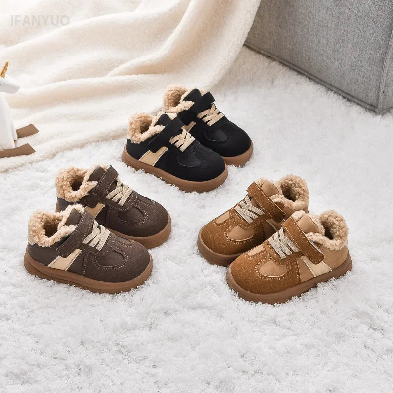 1-8Y Children's Shoes Autumn Winter New Baby Boys Girls Black Cotton Plush Warm Shallow Boots Little Kids Casual Sports Shoes