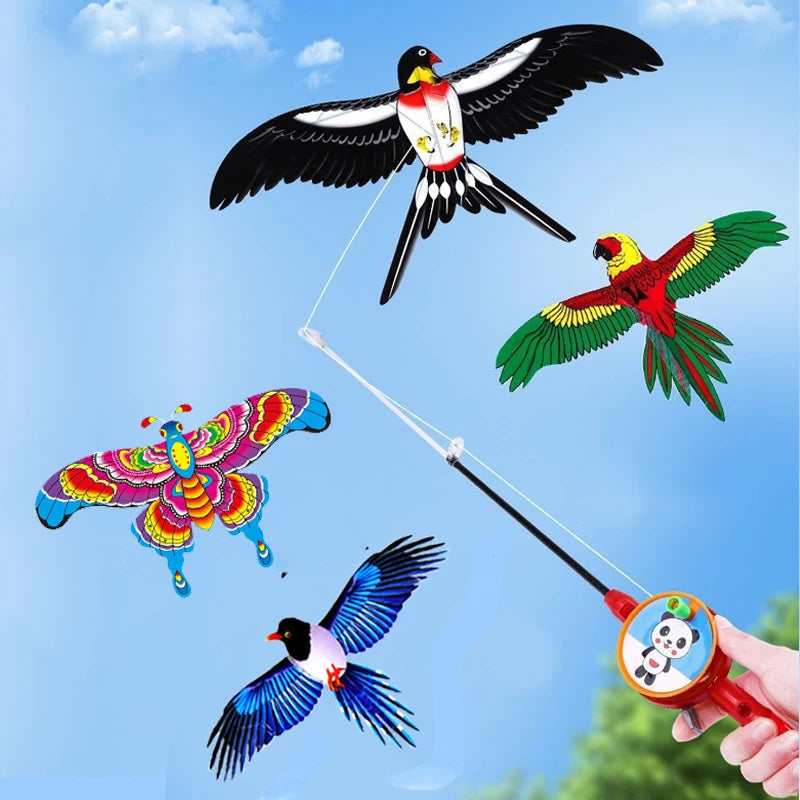 Mini Fishing Rod Kite for Kids Vivid Butterfly Swallow Parrot Easy to Fly Goldfish Kites for Toddler Outdoor Beach Park Beginner