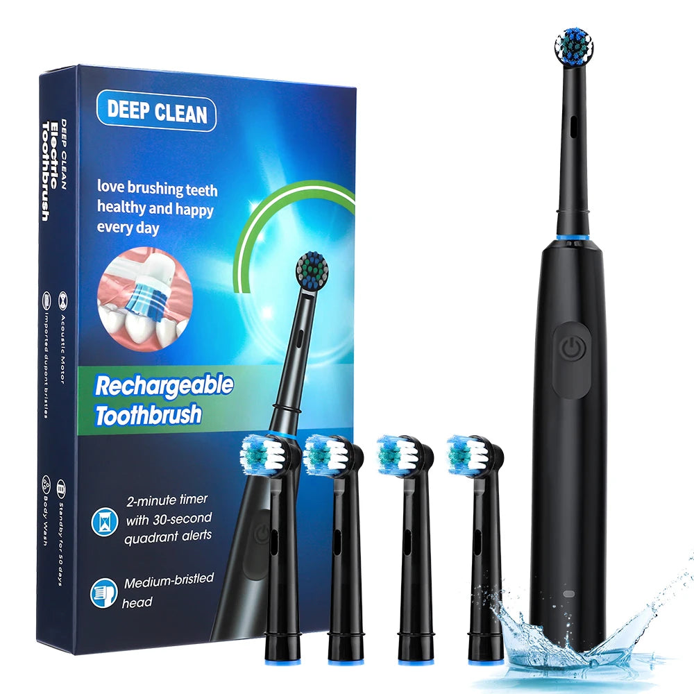 Smart Electric Toothbrush - 4 Heads Rotating with Timer, 5 Modes Rechargeable for Teeth Whitening & Oral Care