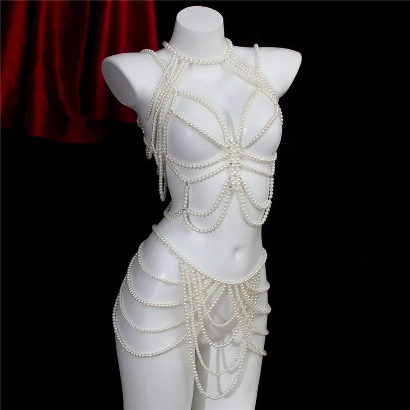 Birthday Party festival Decoration Women's Body Chain Sexy Pearls butterfly  Dresses Bra Nightclub Clothing Accessories