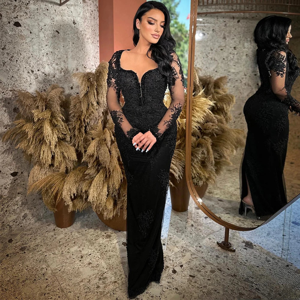 Sexy Mermaid Evening Dress Mermaid Prom Gown Illusion Long Sleeves V Neck Beading Applique Black Party Dresses Vestidos Festa