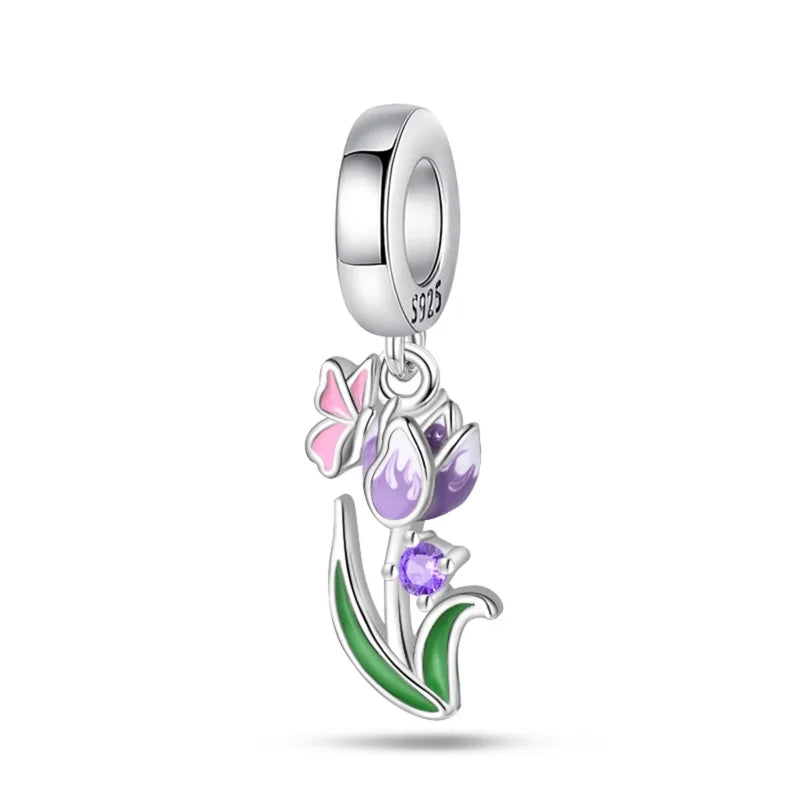 925 Silver Color Gem Butterfly Luminous Firefly Purple Charms Pendants Fit 3mm 925 Original Bracelets DIY Party Jewelry Gift