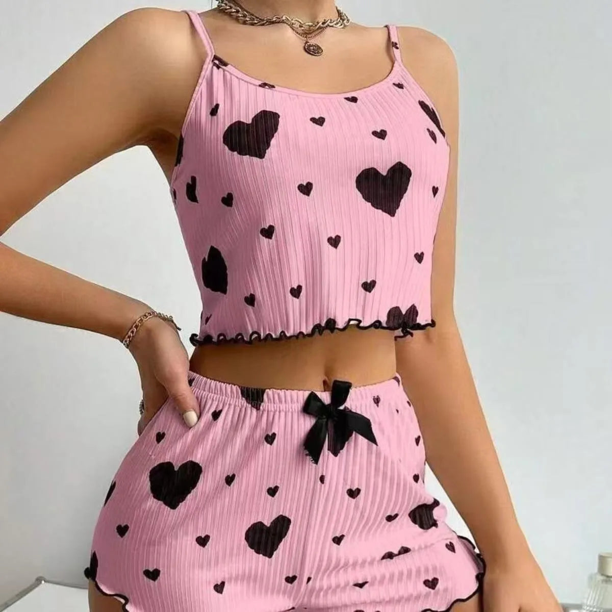 Women's Heart Print Home Clothes Suit Suspender Shorts Casual Female pajamas Lightweight Love 2PCS Sleepwear Fashion Nightwear