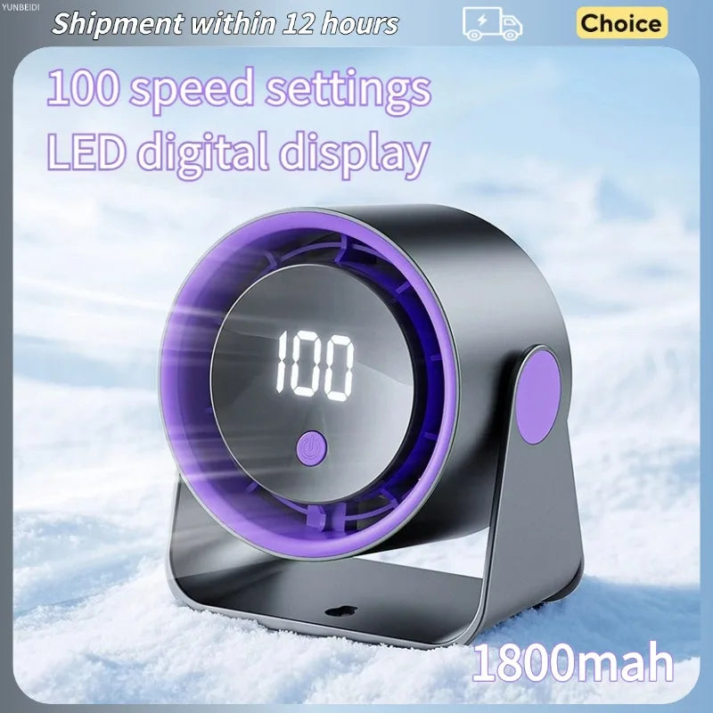 Desktop Fan Low-noise and Silent 100-speed Adjustable LED Display, Large-capacity Mini Desktop Wall-mounted Fan 1800mah