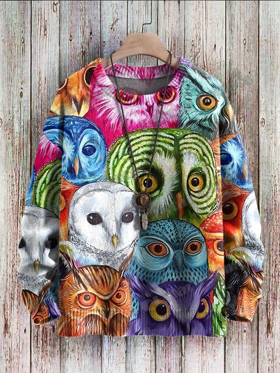 Owl Art Pattern 3D Printed Men's Knitted Pullover Winter