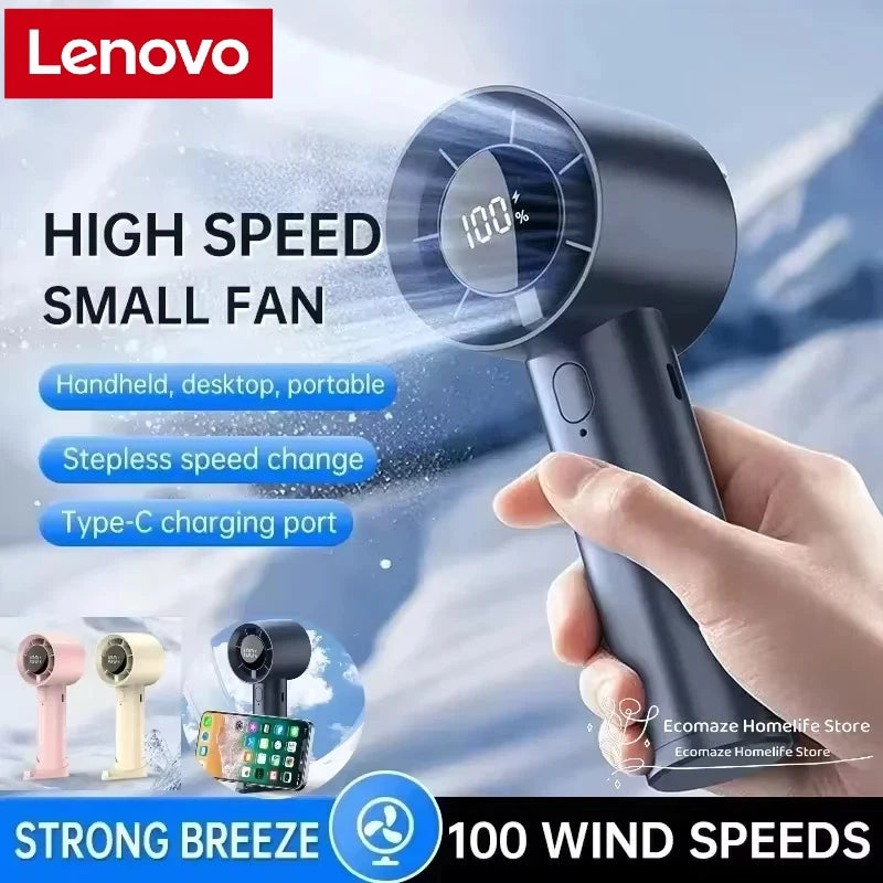 Lenovo Portable Ice Cooling Mini Handheld Fan 100 Speeds Powerful Fan High-speed USB Rechargeable Cooler with Phone Stand