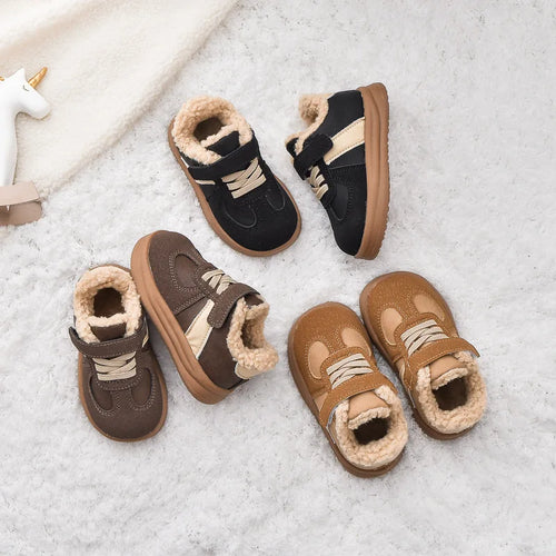 1-8Y Children's Shoes Autumn Winter New Baby Boys Girls Black Cotton Plush Warm Shallow Boots Little Kids Casual Sports Shoes