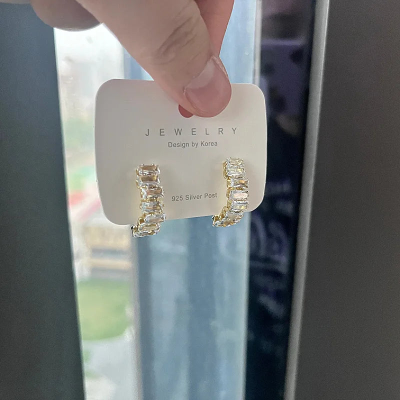 Exquisite C-Shape Stud Earrings For Women Shining CZ Zircon Hollow Out Design Big Wedding Earring Girl Temperament Jewelry