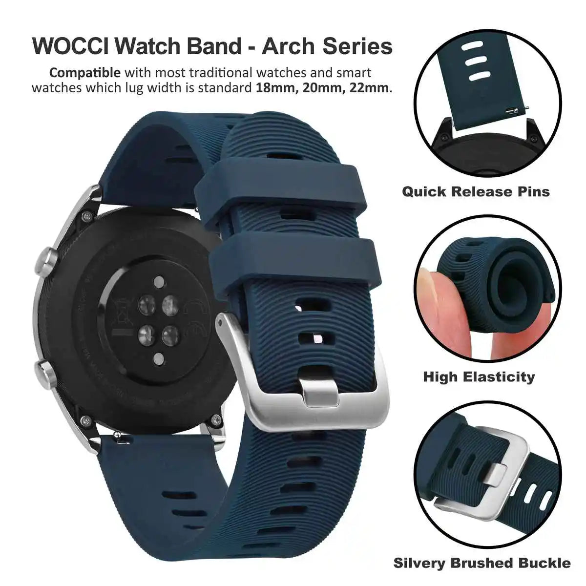 WOCCI Silicone Watch Band with Arch Stripes Texture 18mm 20mm 22mm 24mm 26mm for Men Women Waterproof Soft Sturdy