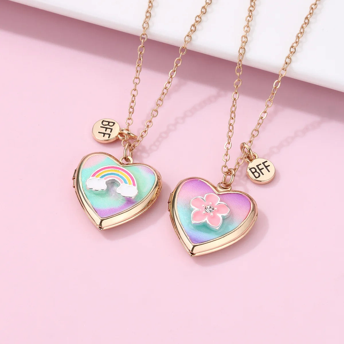 2Pcs Rainbow and Flower Heart Charm that can Open and Close Photo Album Pendant Necklace for Women Men Jewelry Accessories Gifts