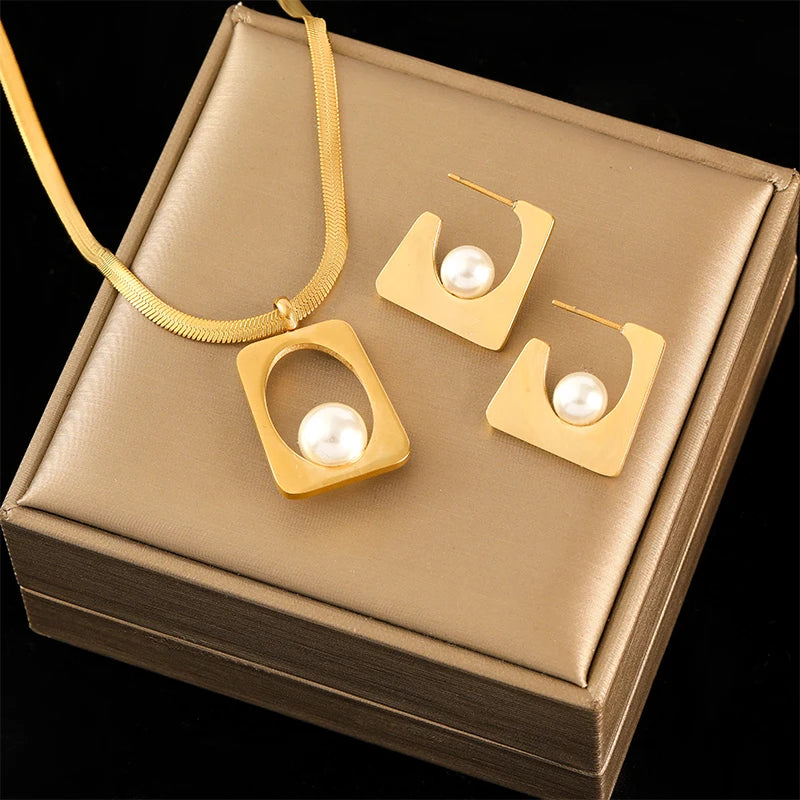 EILIECK 316L Stainless Steel Geometric Teardrop Tassel Necklace Earrings For Women New Party Gift Gold Color Waterproof Jewelry