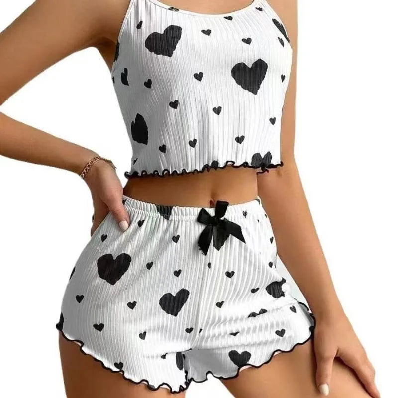 Women's Heart Print Home Clothes Suit Suspender Shorts Casual Female pajamas Lightweight Love 2PCS Sleepwear Fashion Nightwear