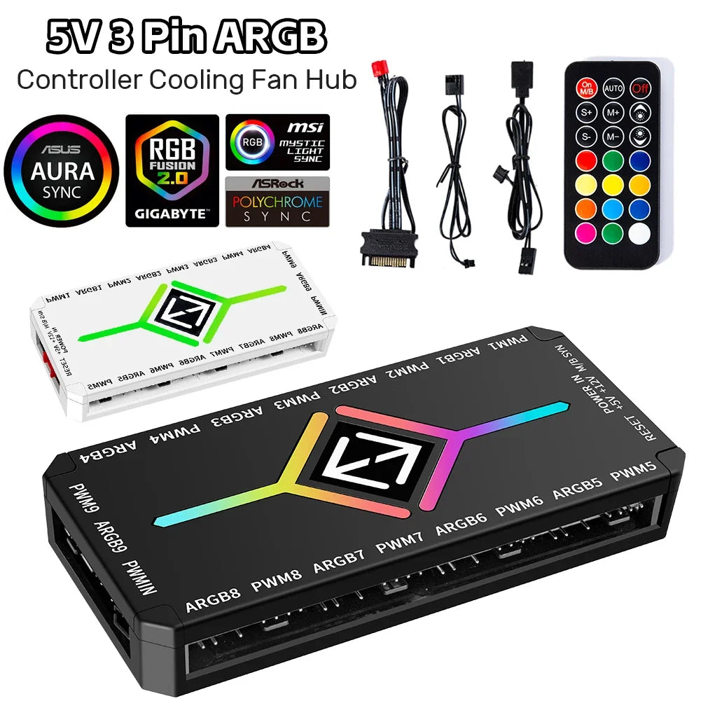 PC Cooling Fan Hub 5V 3 Pin ARGB Controller with PWM Temperature Control for Gaming PC RGB Effects and Wireless Remote Support