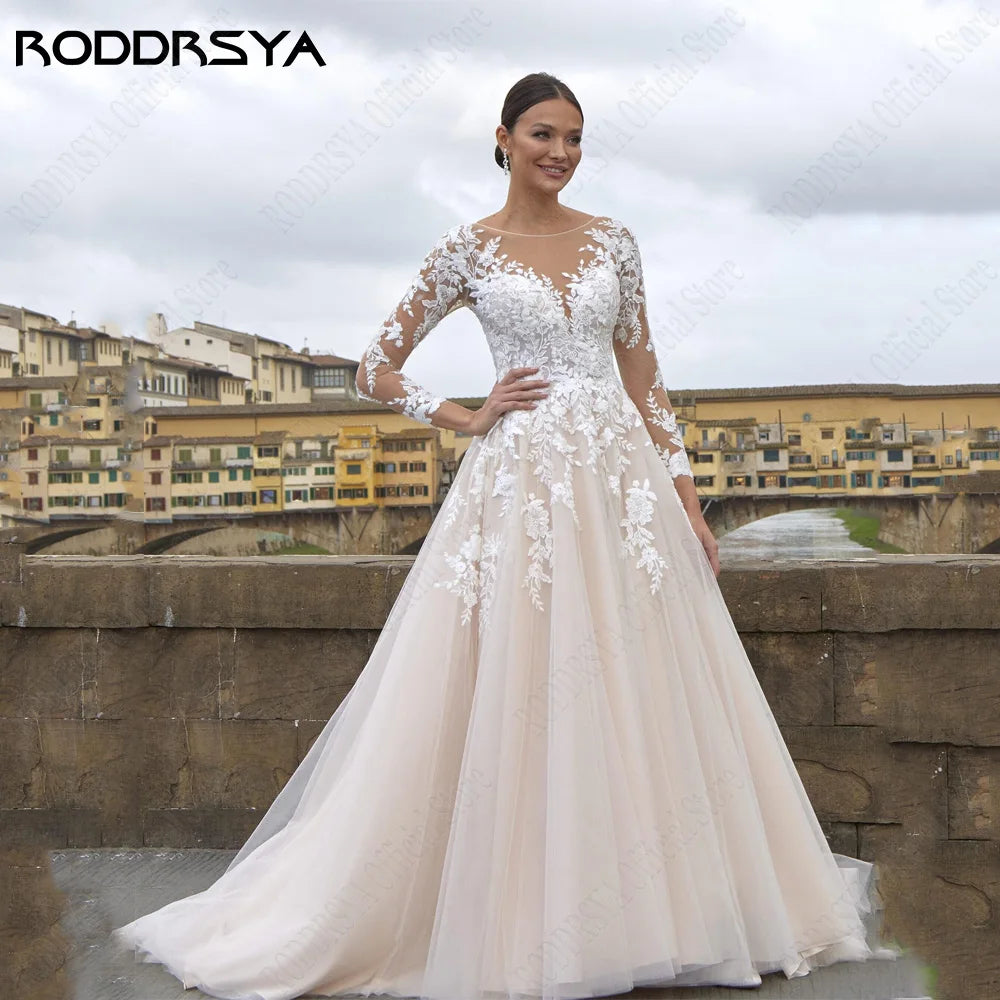 RODDRSYA O-Neck Long Sleeves Wedding Dress A-Line Tulle Illusion Back Bride Gowns Applique Custom Made Elegant Vestidos De Novia