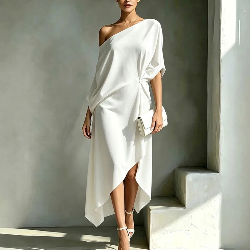 Luxury Women One Cold Shoulder Midi Dresses Loose Solid Draped Knot Waist Irregular Hem Dress Elegant Guest Holiday Formal Dress