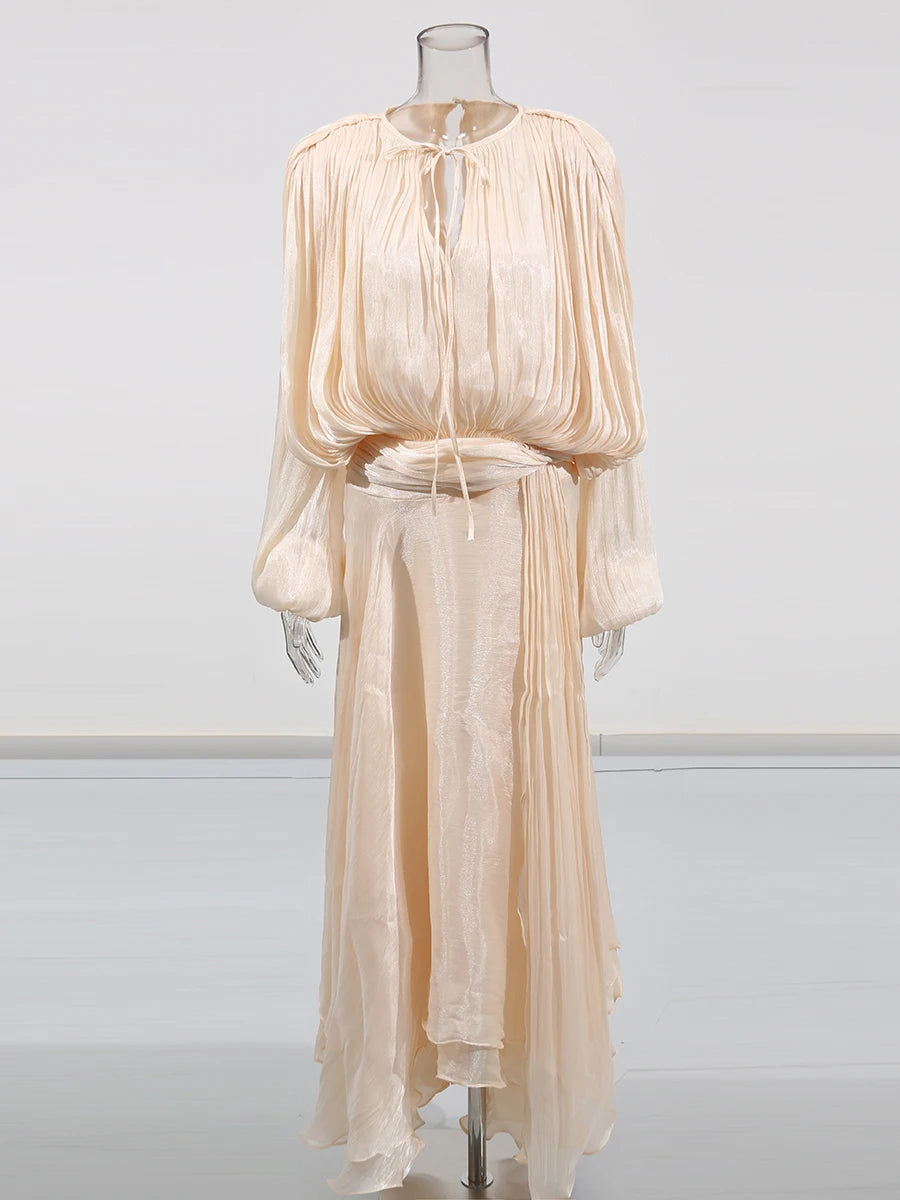 Solid Loose Spliced Folds Dresses For Women O Neck Long Sleeve High Waist Temperament Dress Female Fashion Style