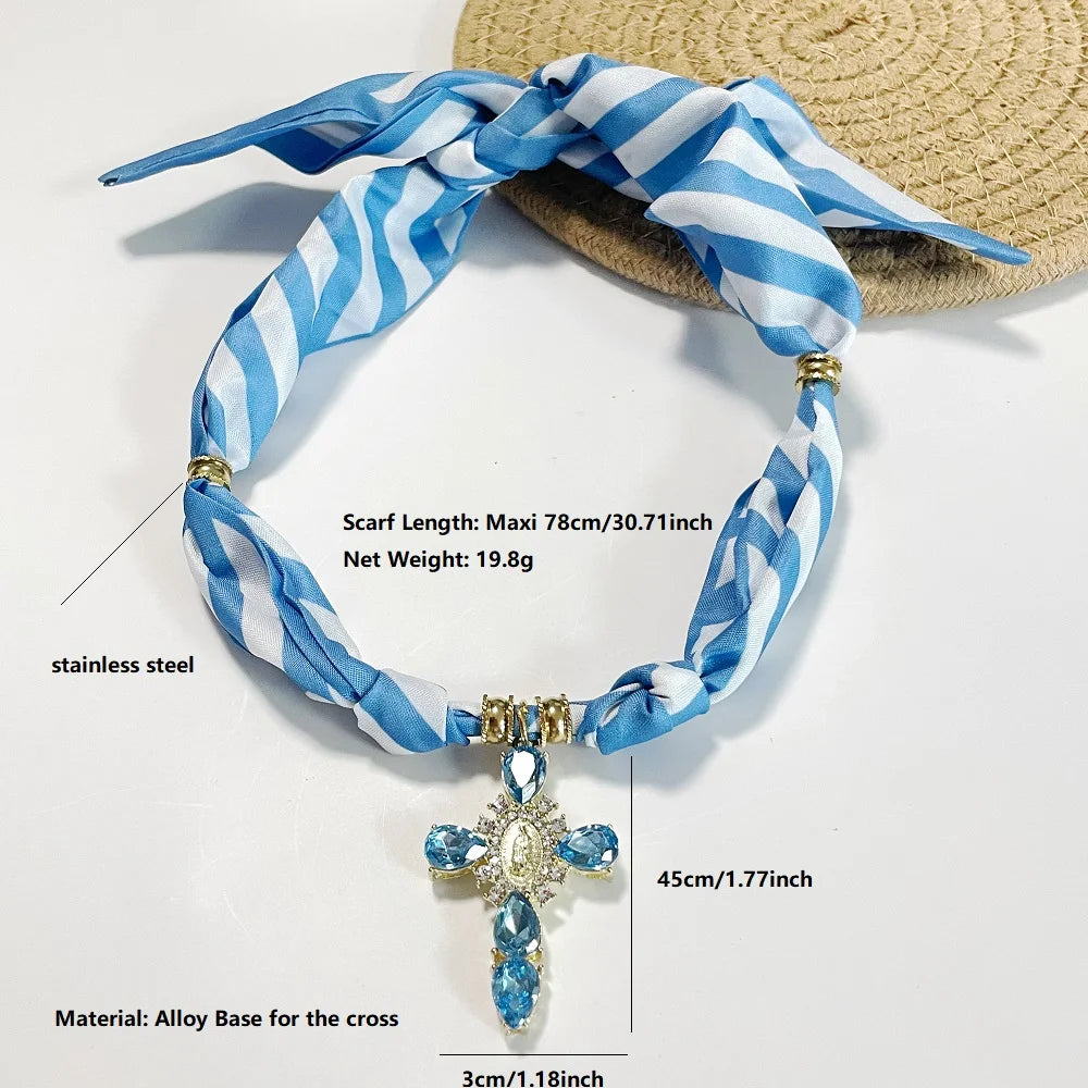 Blue Navy Pink Cross Bandana Necklace Rhinestone Cross with Virgin Mary Medallion & Fashion Adjustable Scarf Chocker