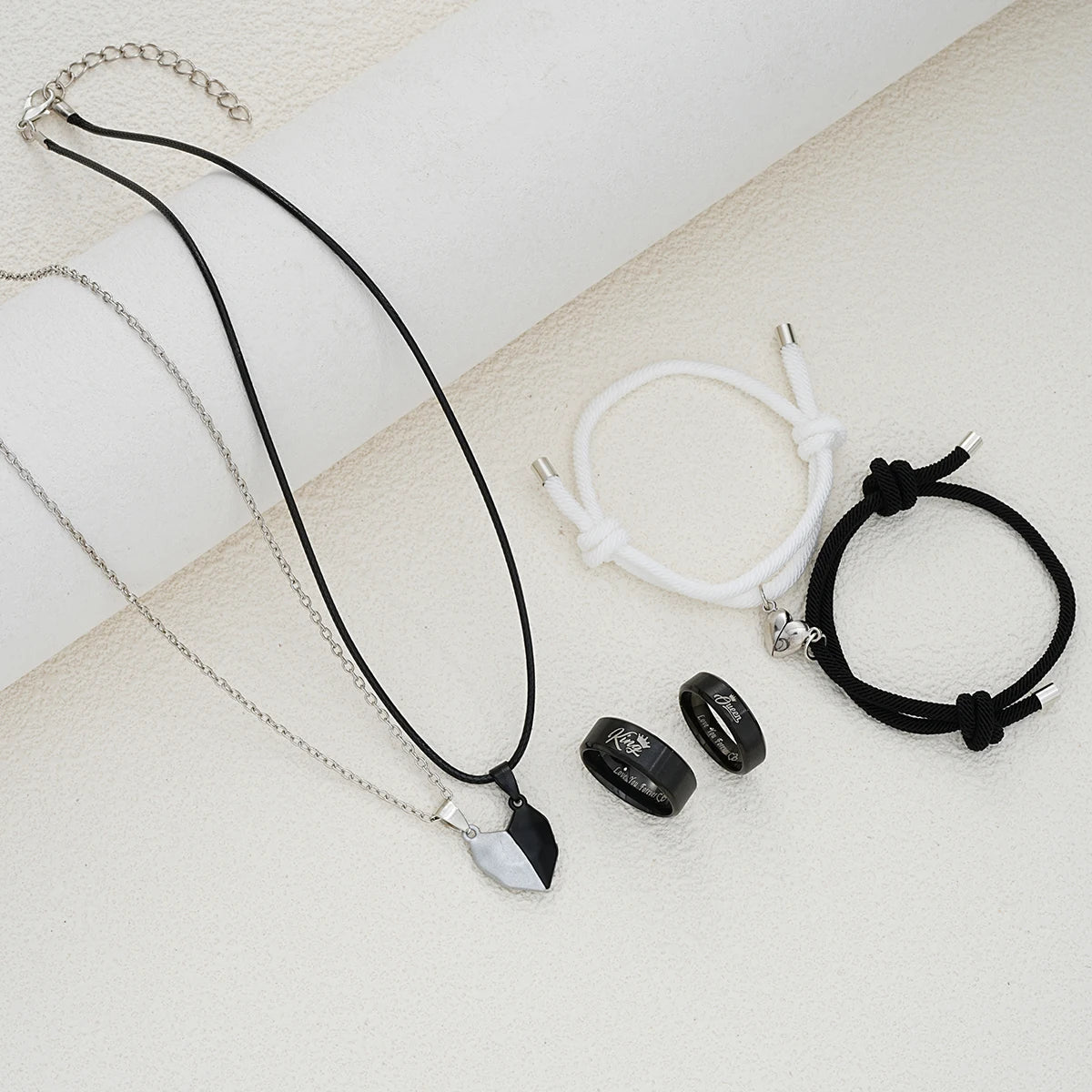 6 Pcs Minimalist Heart Desgin Couple Jewelry Sets Black White Color Love Pendant Bracelet Necklace Letter Ring Trendy Jewelry