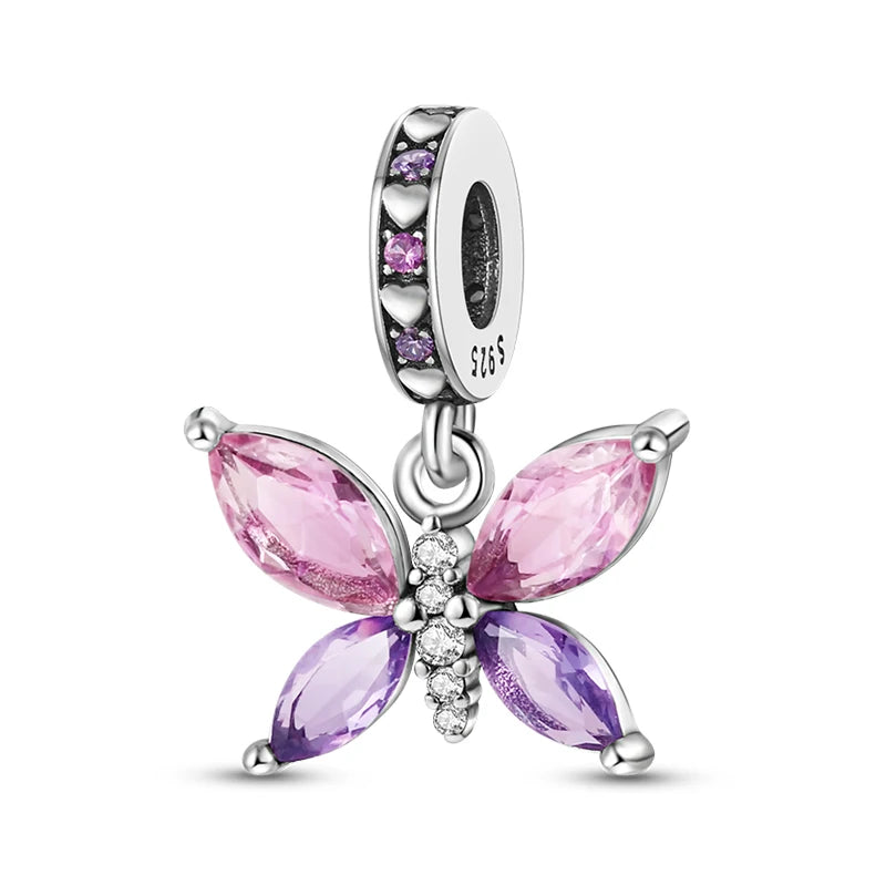 925 Silver Color Gem Butterfly Luminous Firefly Purple Charms Pendants Fit 3mm 925 Original Bracelets DIY Party Jewelry Gift
