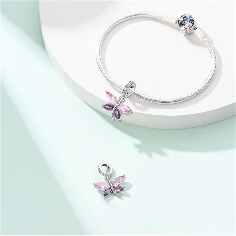 925 Silver Color Gem Butterfly Luminous Firefly Purple Charms Pendants Fit 3mm 925 Original Bracelets DIY Party Jewelry Gift