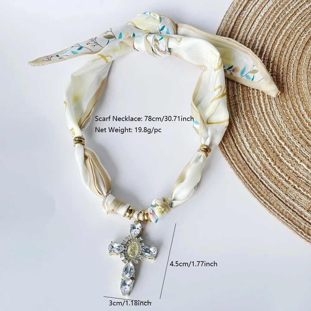 Blue Navy Pink Cross Bandana Necklace Rhinestone Cross with Virgin Mary Medallion & Fashion Adjustable Scarf Chocker