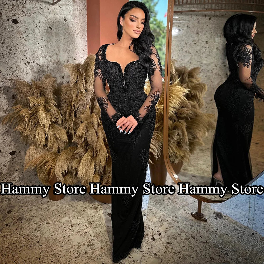 Sexy Mermaid Evening Dress Mermaid Prom Gown Illusion Long Sleeves V Neck Beading Applique Black Party Dresses Vestidos Festa