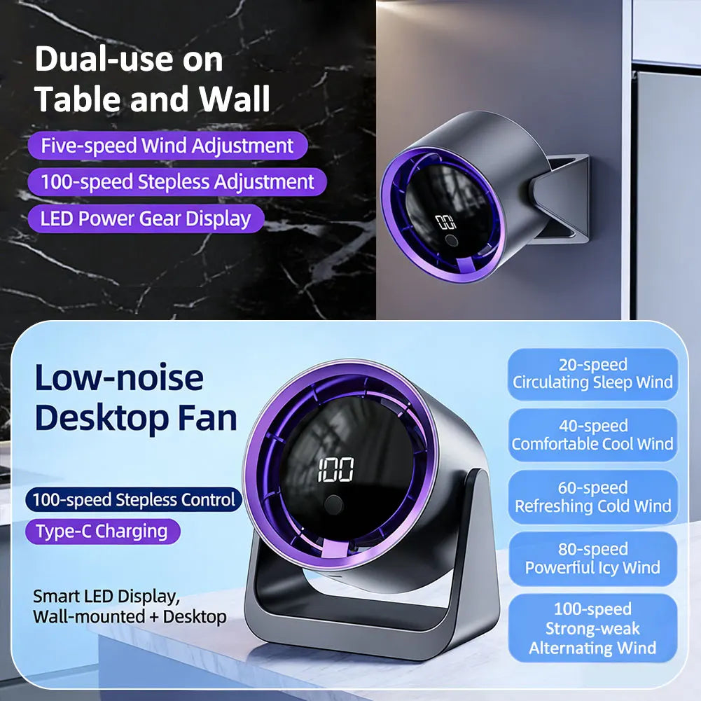 Desktop Fan Low-noise and Silent 100-speed Adjustable LED Display, Large-capacity Mini Desktop Wall-mounted Fan 1800mah