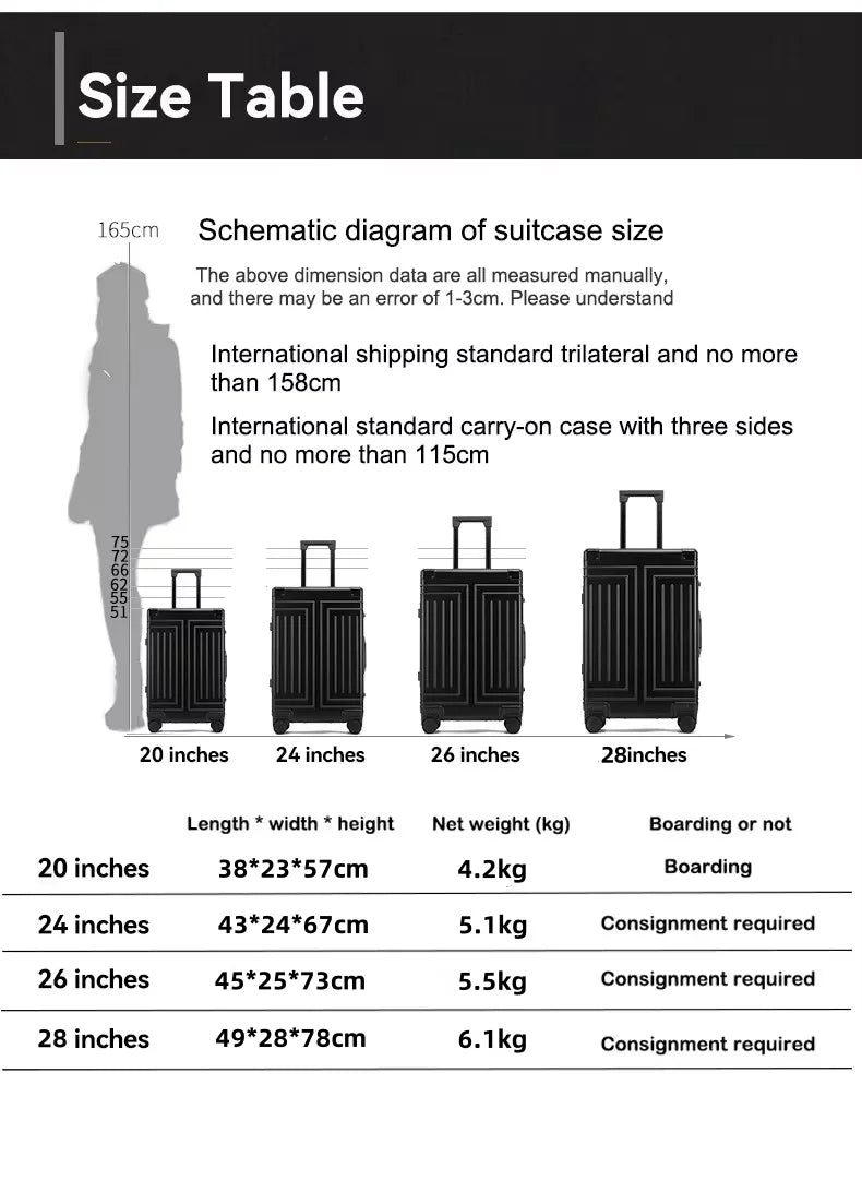 100% Aluminum-magnesium Alloy Travel Suitcase Rolling Luggage 20/24/28 inch Trolley Luggage Carry-On Cabin Suitcase Bag TSA Lock