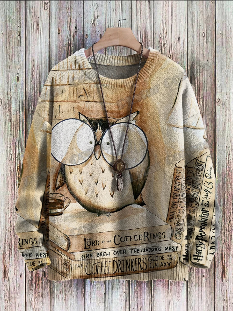 Owl Art Pattern 3D Printed Men's Knitted Pullover Winter