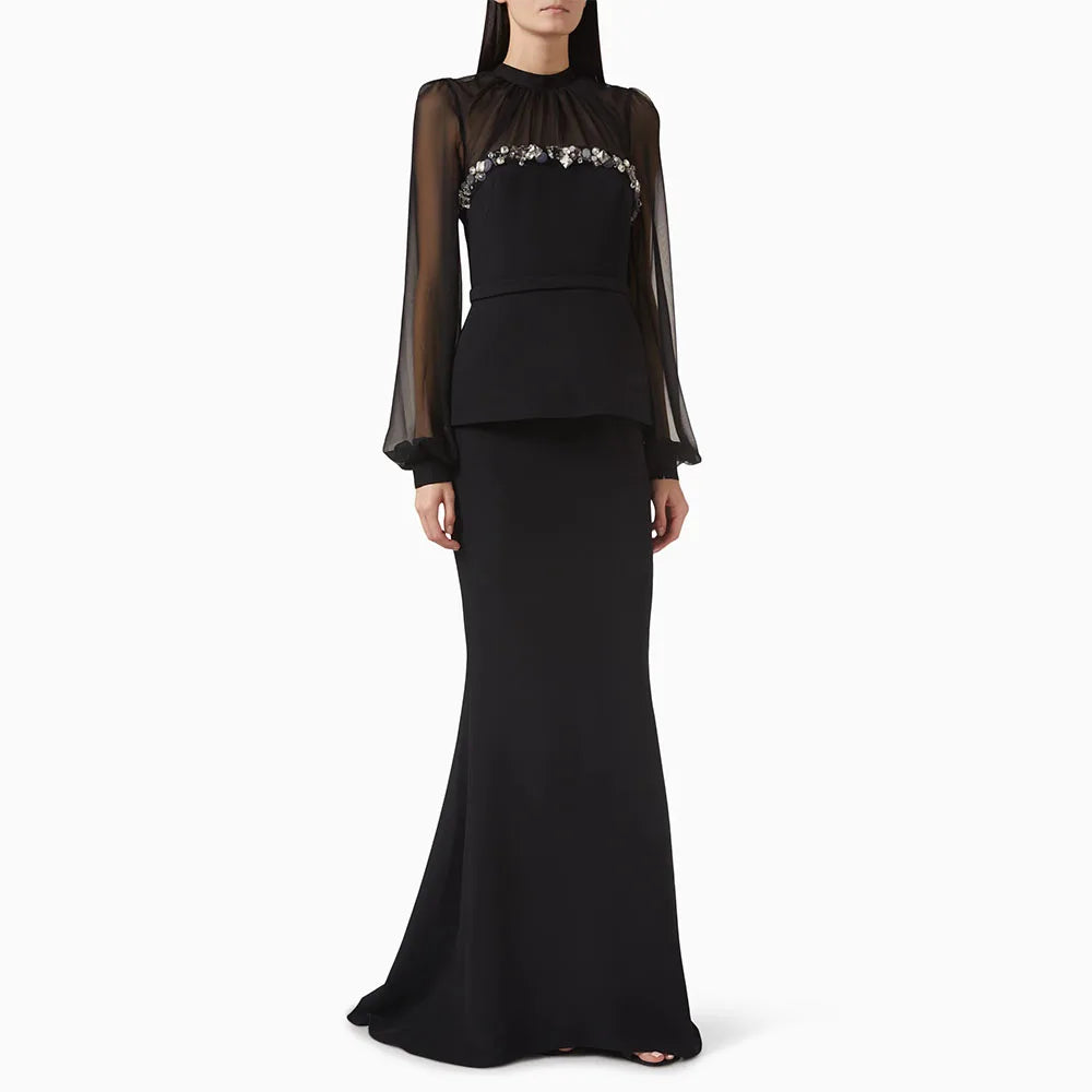 Black Evening Dress O Neck Long Sleeves Floor Length Mermaid Prom Gown Fashion Sequins Pleat Jersey Party Dress Customized