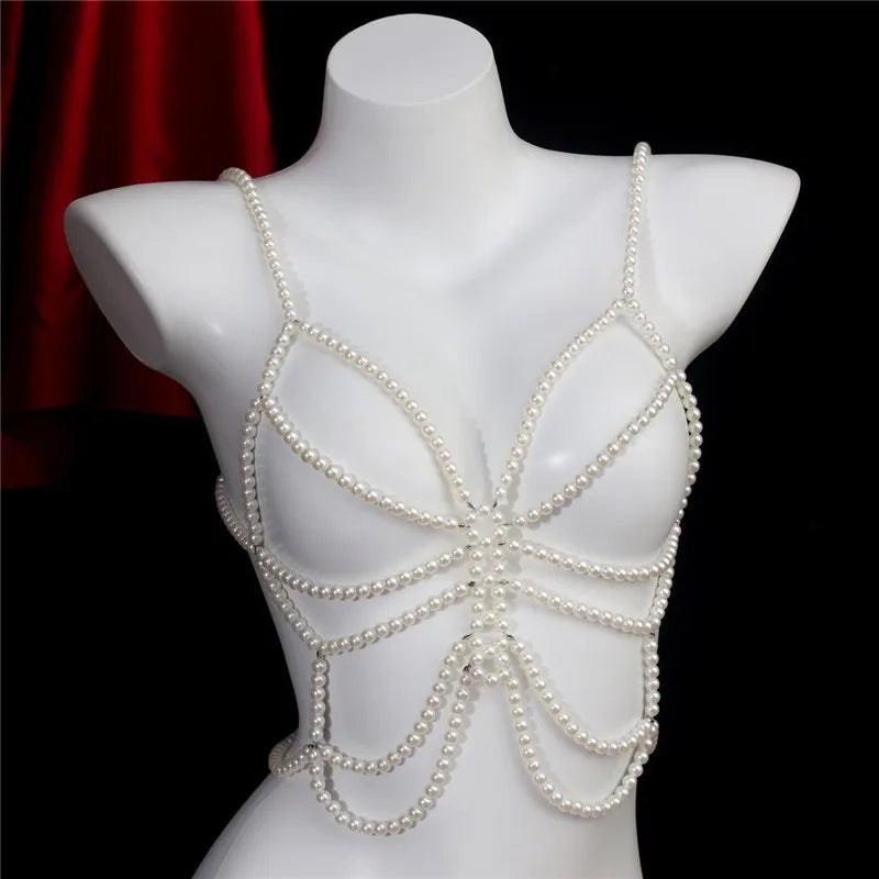 Birthday Party festival Decoration Women's Body Chain Sexy Pearls butterfly  Dresses Bra Nightclub Clothing Accessories