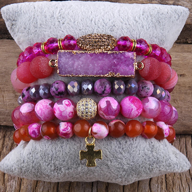 Fashion Designer Boho Beaded Bracelet Natural Stone Crystal Druzy 5pc Bracelets Sets For Women  Jewelry Gift