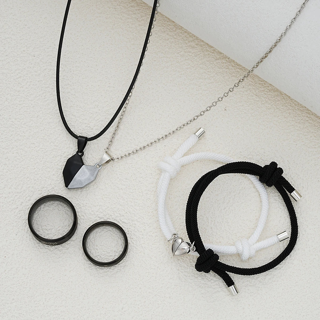 6 Pcs Minimalist Heart Desgin Couple Jewelry Sets Black White Color Love Pendant Bracelet Necklace Letter Ring Trendy Jewelry