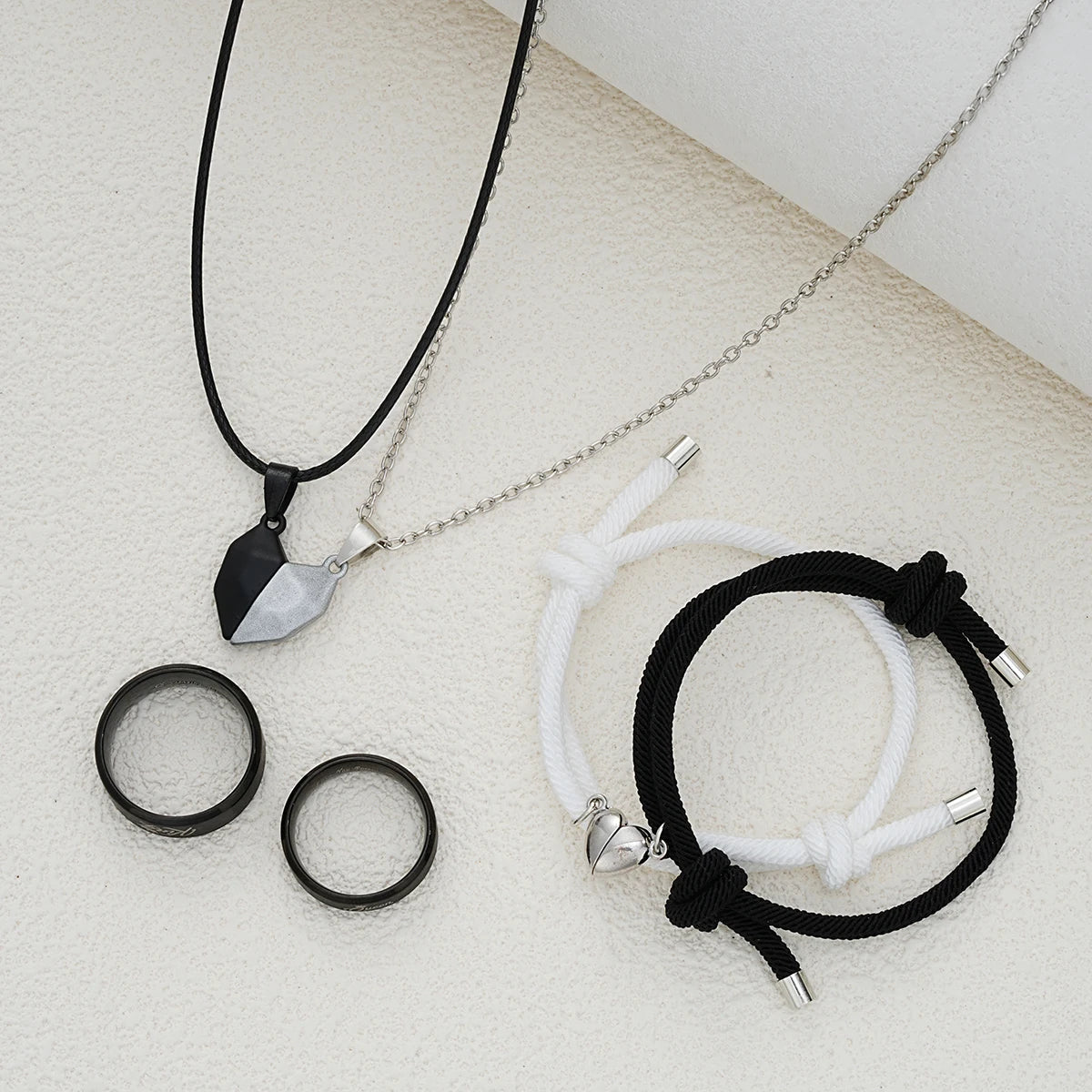 6 Pcs Minimalist Heart Desgin Couple Jewelry Sets Black White Color Love Pendant Bracelet Necklace Letter Ring Trendy Jewelry