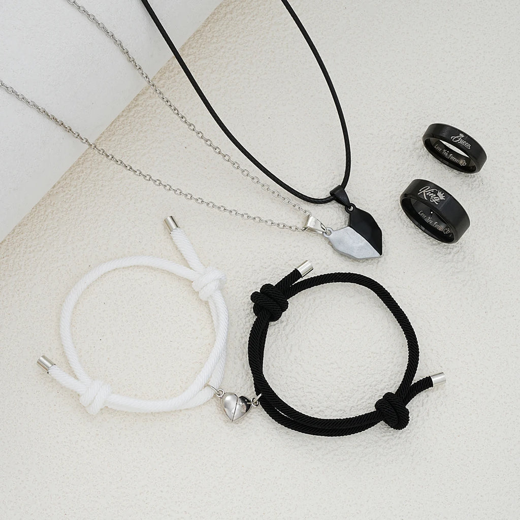6 Pcs Minimalist Heart Desgin Couple Jewelry Sets Black White Color Love Pendant Bracelet Necklace Letter Ring Trendy Jewelry