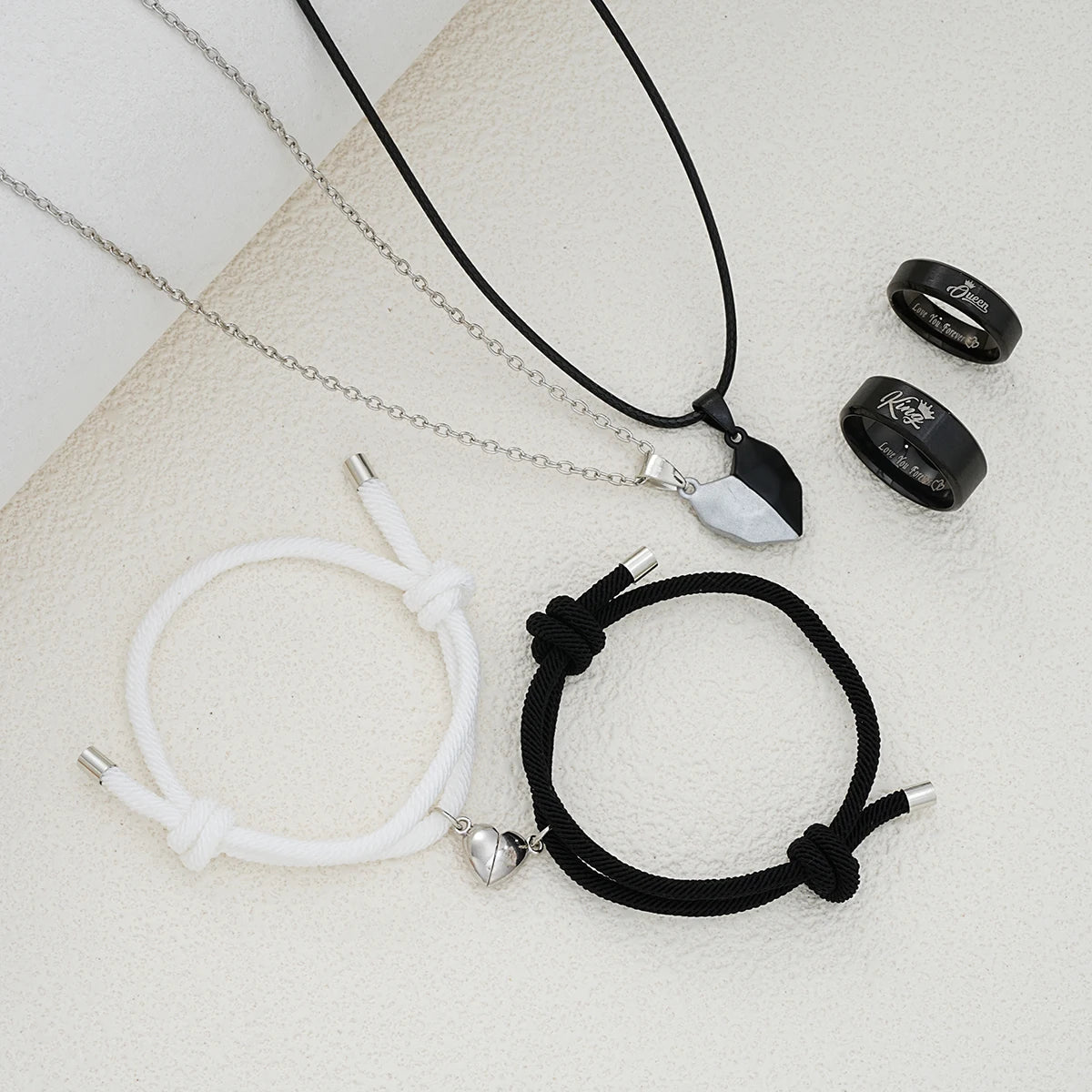 6 Pcs Minimalist Heart Desgin Couple Jewelry Sets Black White Color Love Pendant Bracelet Necklace Letter Ring Trendy Jewelry