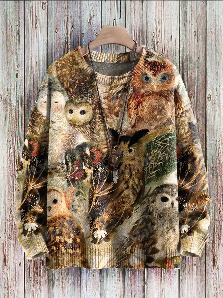 Owl Art Pattern 3D Printed Men's Knitted Pullover Winter